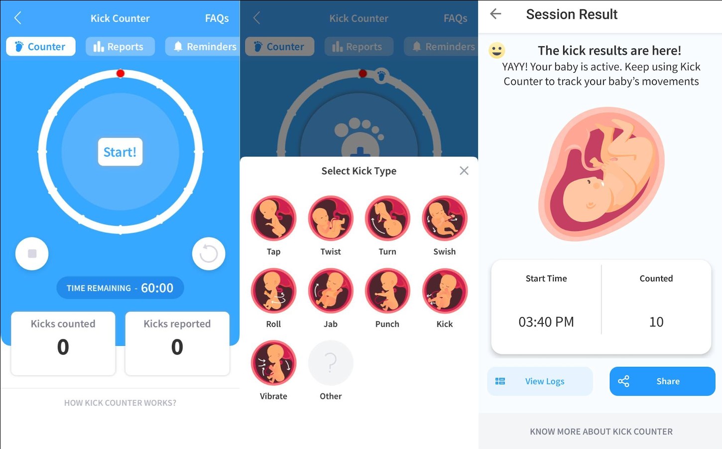 Three screens from the kick counter in theAsianparent app: the counter, choosing a kick type, and a session result