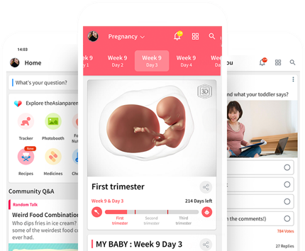 Three screens from theAsianparent app: the home feed, the pregnancy week-by-week tracker and the community Q&A
