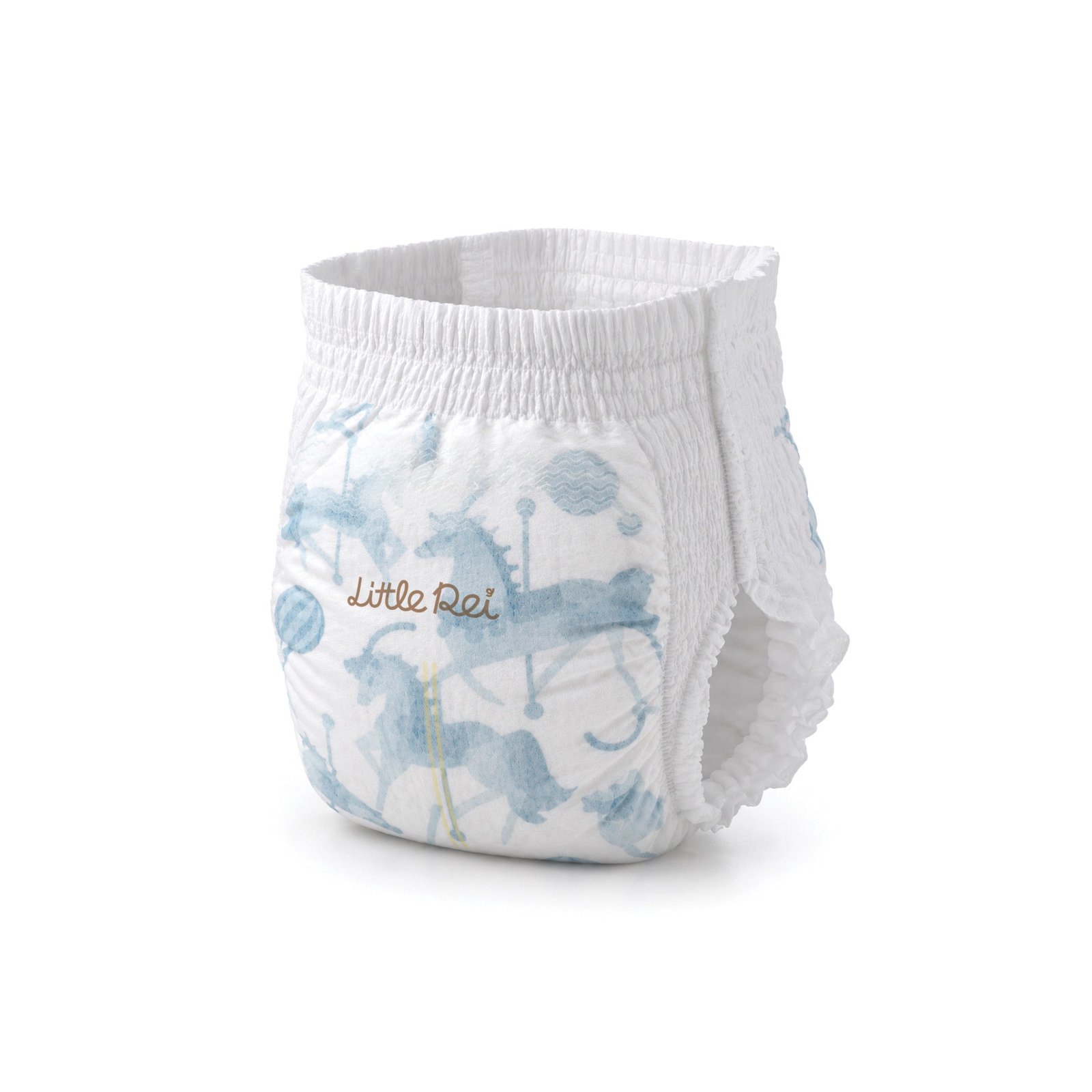 A Little Rei pull-up diaper in its carousel print